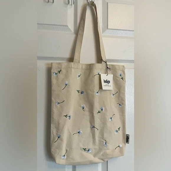 NEW Indigo Organic Canvas Tote Bag, Floral Embroidery - Picture 2 of 5